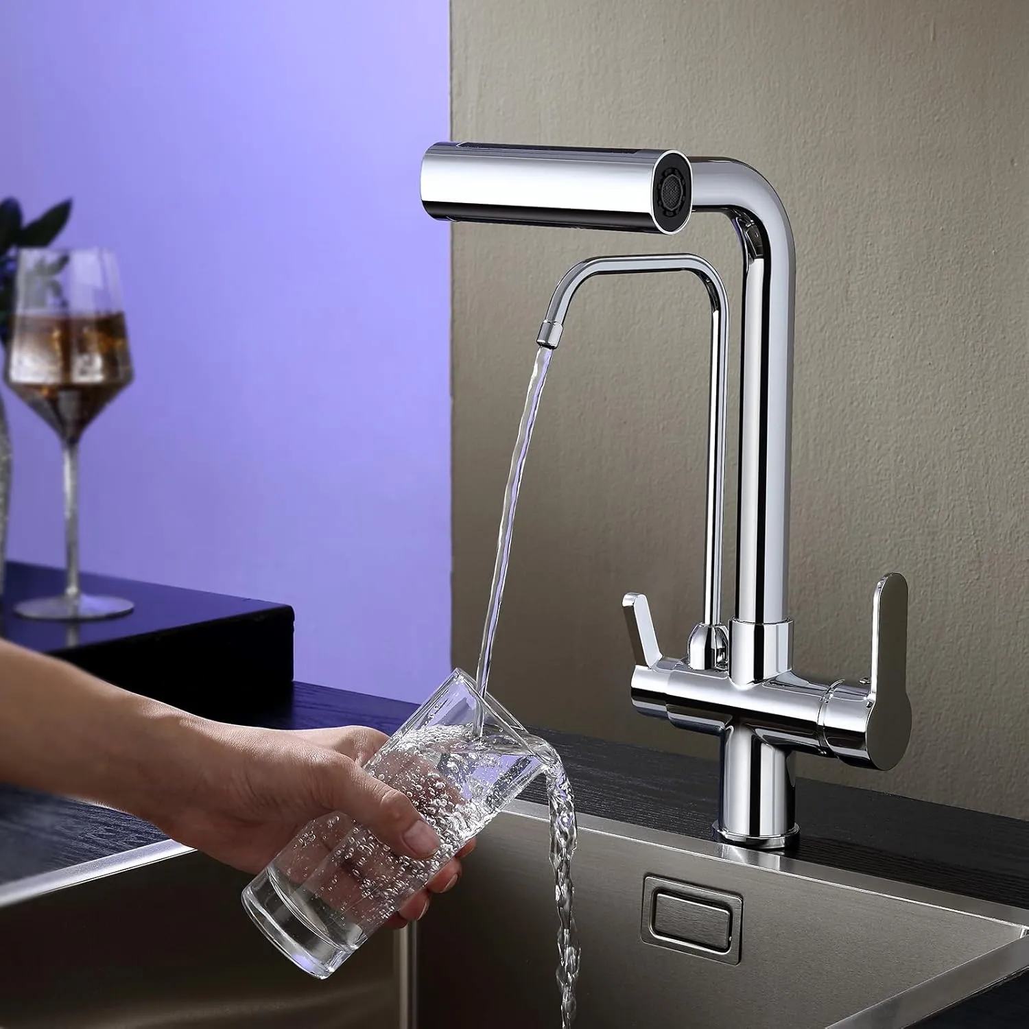 Dual Handles Kitchen Sink Faucet with Drinking Water Faucet, 3 Way Pull Out Kitchen Faucet with 3-Function Sprayer for Water Filtration System, Chrome