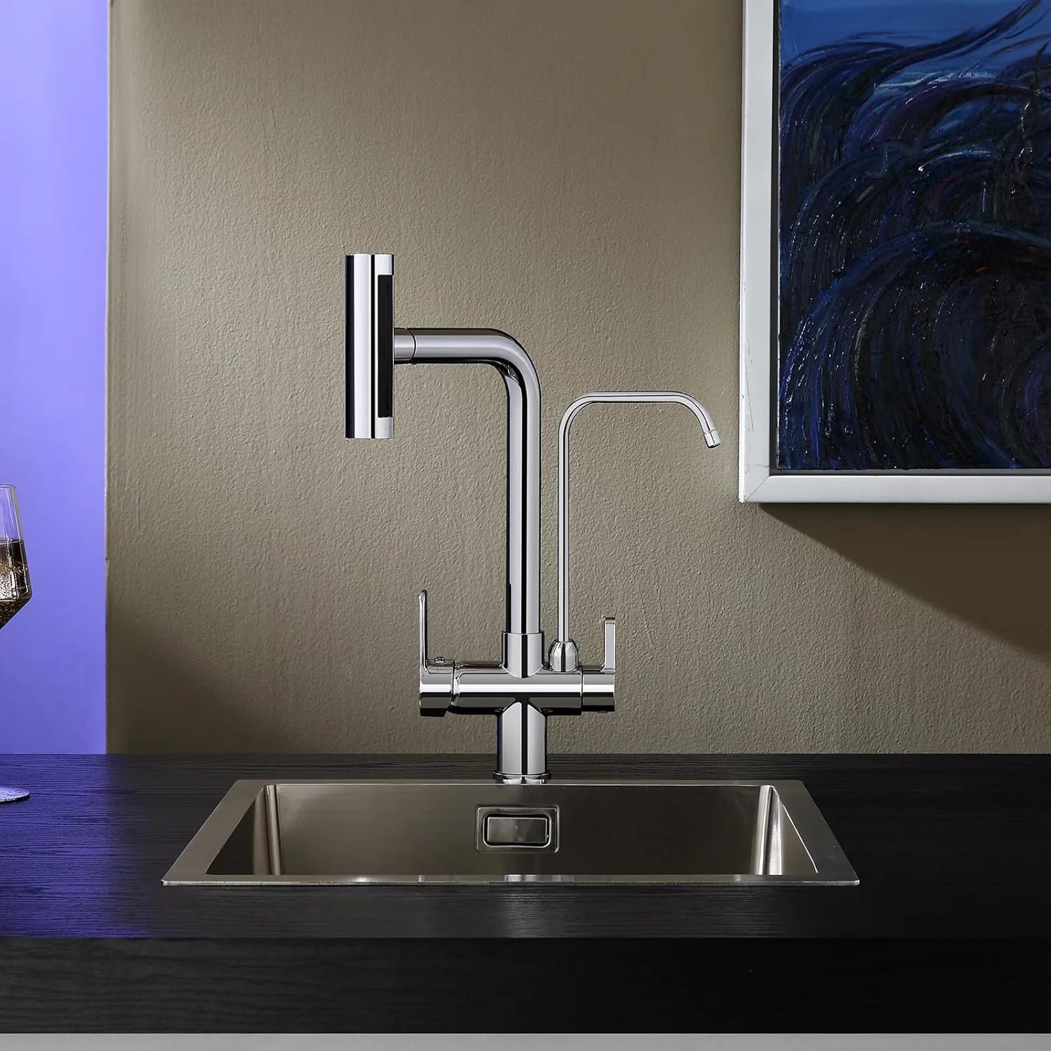 Dual Handles Kitchen Sink Faucet with Drinking Water Faucet, 3 Way Pull Out Kitchen Faucet with 3-Function Sprayer for Water Filtration System, Chrome