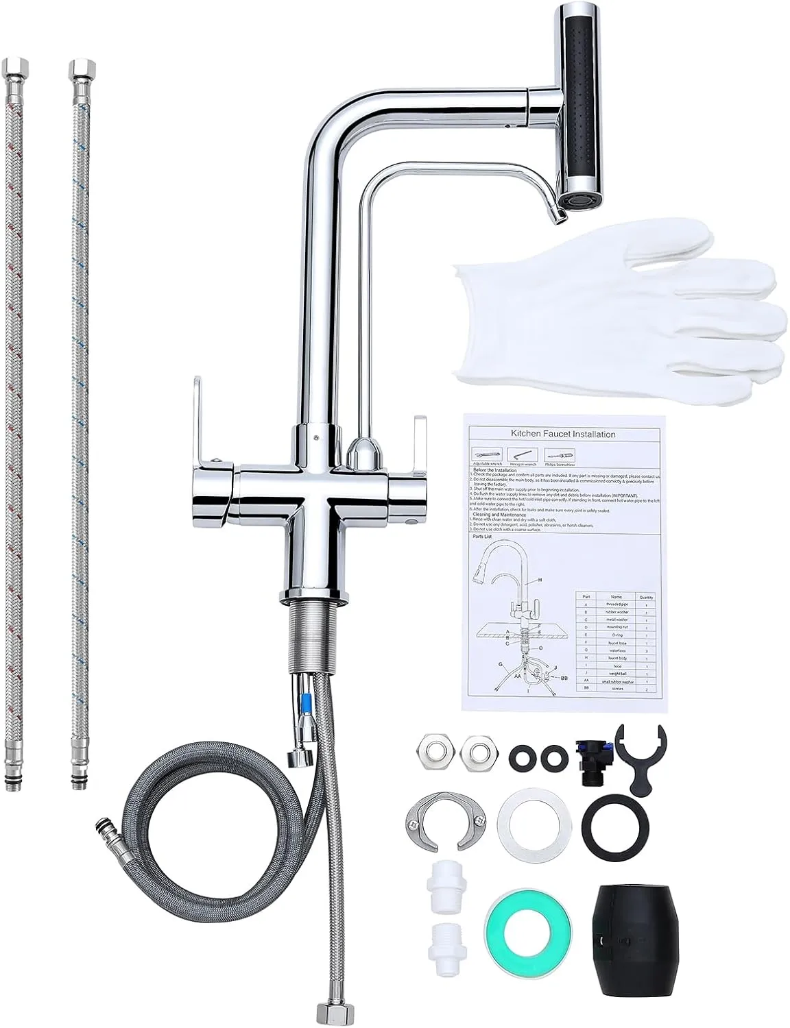 Dual Handles Kitchen Sink Faucet with Drinking Water Faucet, 3 Way Pull Out Kitchen Faucet with 3-Function Sprayer for Water Filtration System, Chrome
