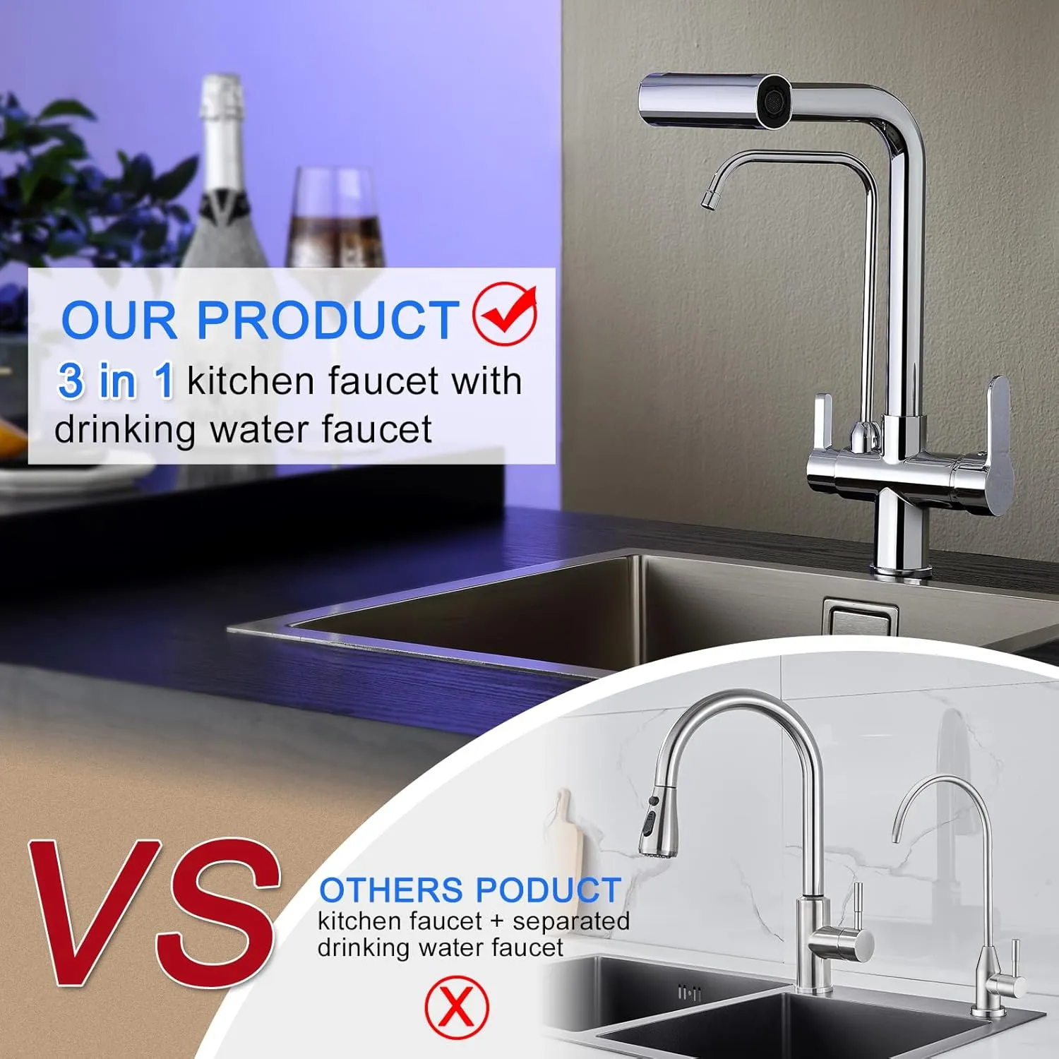 Dual Handles Kitchen Sink Faucet with Drinking Water Faucet, 3 Way Pull Out Kitchen Faucet with 3-Function Sprayer for Water Filtration System, Chrome