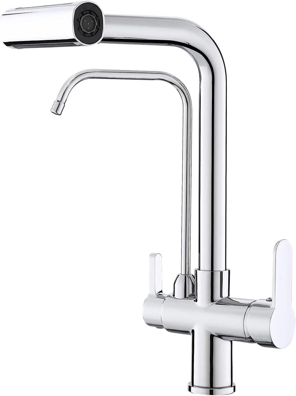 Dual Handles Kitchen Sink Faucet with Drinking Water Faucet, 3 Way Pull Out Kitchen Faucet with 3-Function Sprayer for Water Filtration System, Chrome