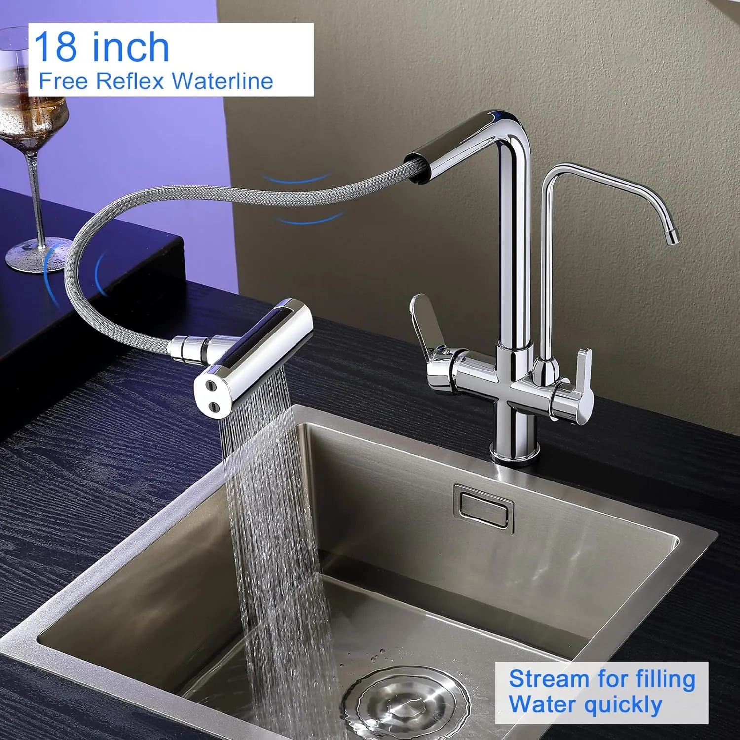 Dual Handles Kitchen Sink Faucet with Drinking Water Faucet, 3 Way Pull Out Kitchen Faucet with 3-Function Sprayer for Water Filtration System, Chrome