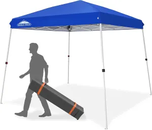 EAGLE PEAK 10x10 Slant Leg Outside Pop Up Canopy, Instant Outdoor Canopy Tent, 8x8 Top 10x10 Base Sun Shelter with Wheeled Carry Bag, Ropes and Stakes, Blue