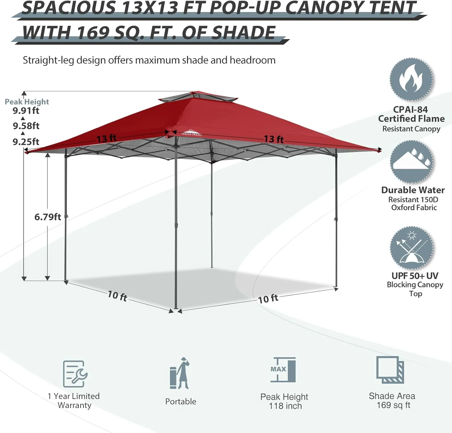 EAGLE PEAK 13x13 Straight Leg Pop Up Canopy Tent Instant Outdoor Canopy Easy Single Person Set up Folding Shelter w/Auto Extending Eaves 169 Square Feet of Shade (Red)