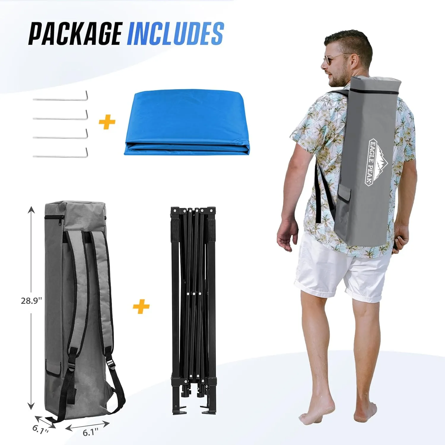 EAGLE PEAK 8x8 Pop Up Canopy Tent with Sidewall, Compact, Portable Slant Leg Instant Sun Shelter for Beach, Sports, & Camping, 8x8 Base 6x6 Top, Blue