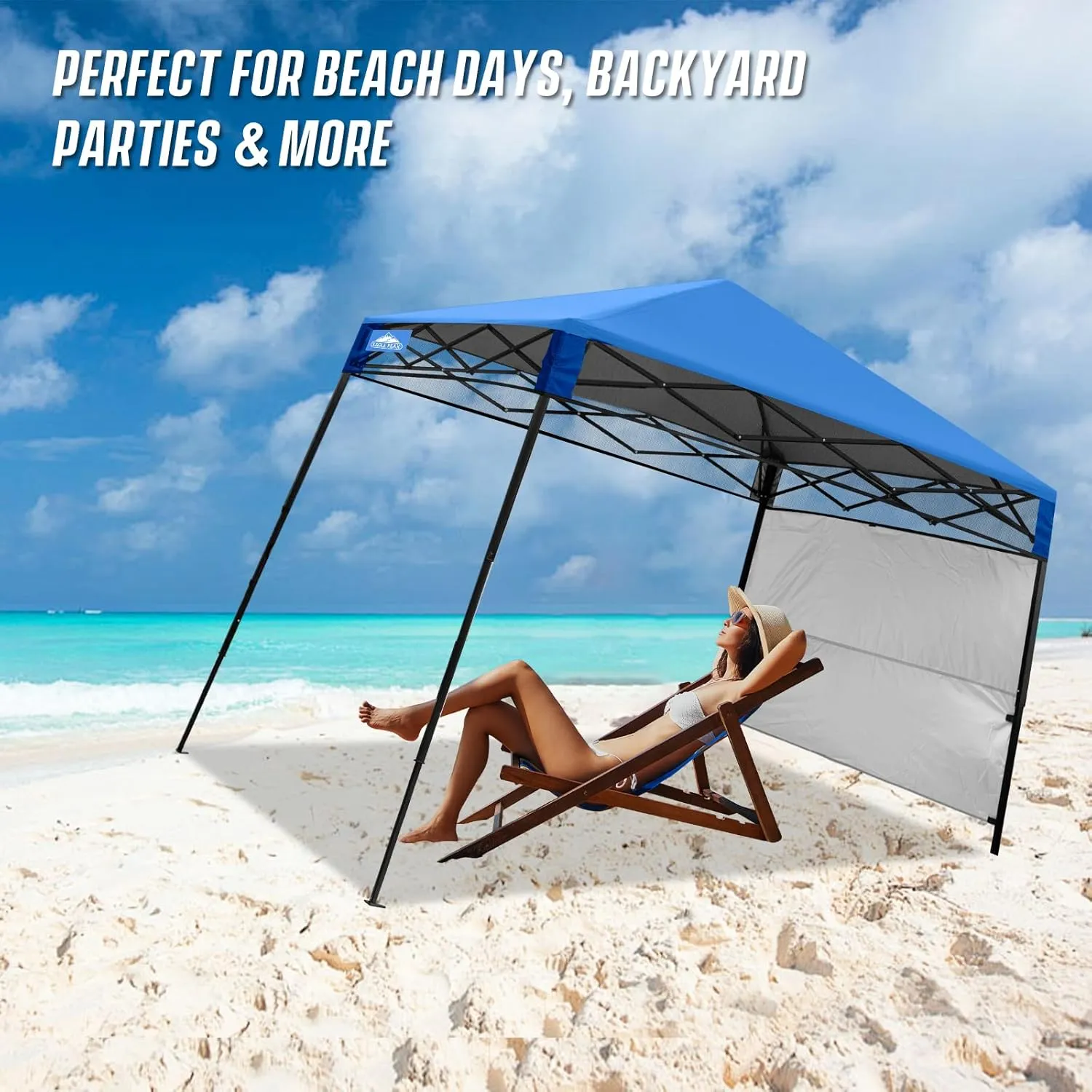EAGLE PEAK 8x8 Pop Up Canopy Tent with Sidewall, Compact, Portable Slant Leg Instant Sun Shelter for Beach, Sports, & Camping, 8x8 Base 6x6 Top, Blue