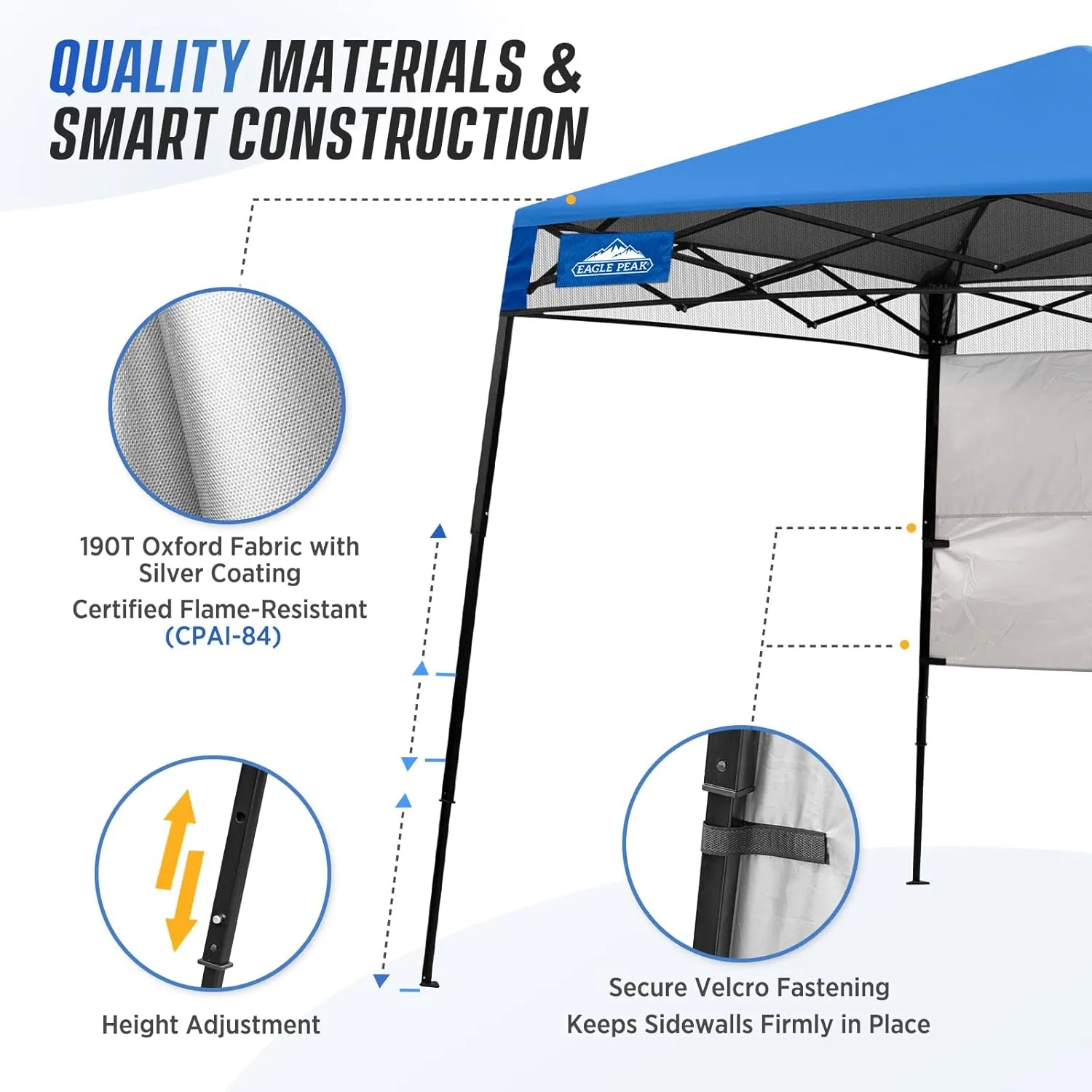 EAGLE PEAK 8x8 Pop Up Canopy Tent with Sidewall, Compact, Portable Slant Leg Instant Sun Shelter for Beach, Sports, & Camping, 8x8 Base 6x6 Top, Blue