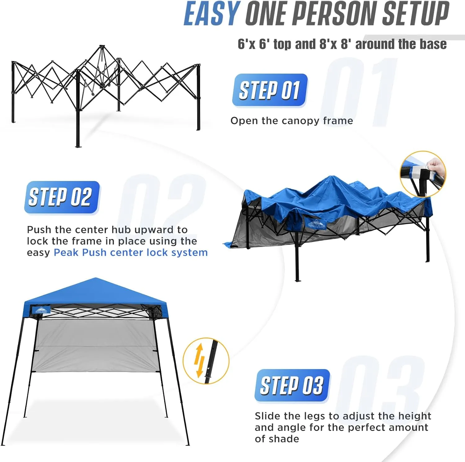 EAGLE PEAK 8x8 Pop Up Canopy Tent with Sidewall, Compact, Portable Slant Leg Instant Sun Shelter for Beach, Sports, & Camping, 8x8 Base 6x6 Top, Blue