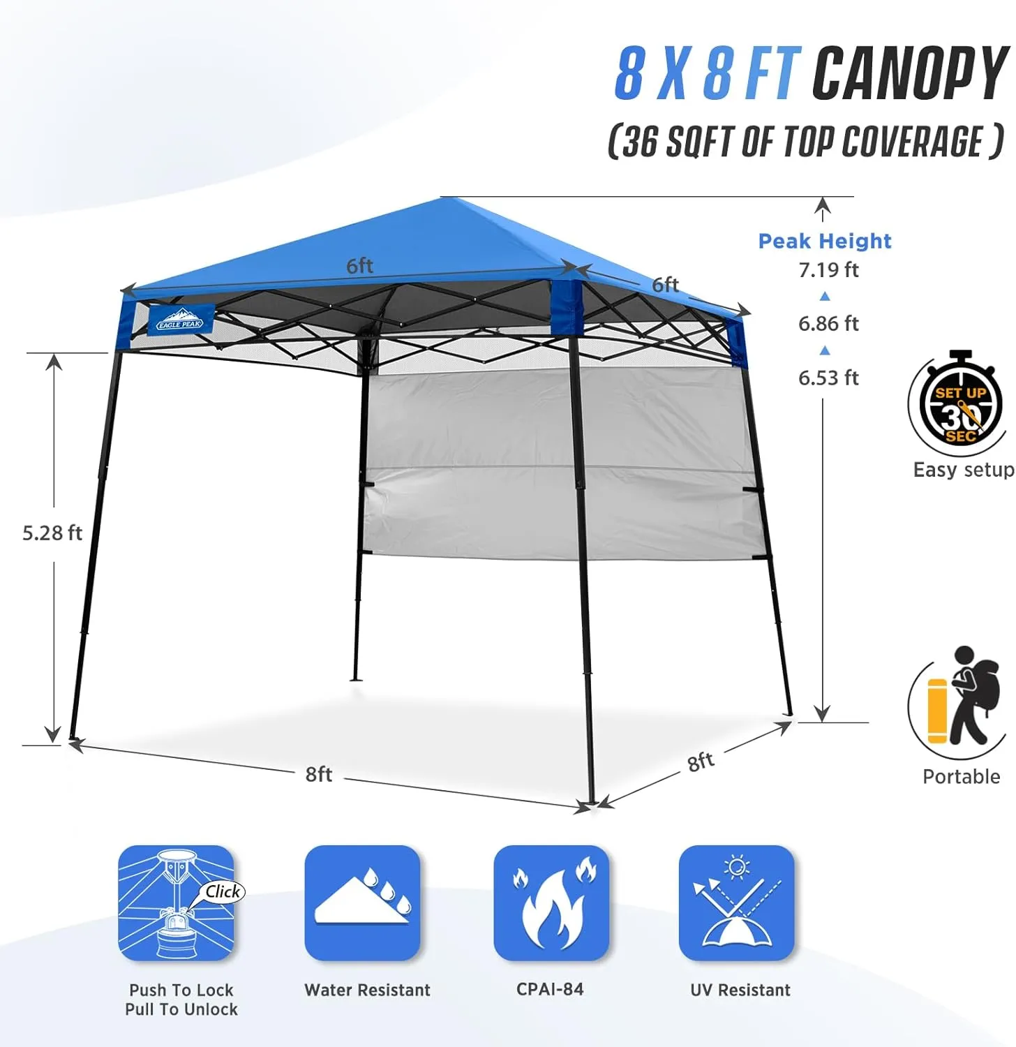 EAGLE PEAK 8x8 Pop Up Canopy Tent with Sidewall, Compact, Portable Slant Leg Instant Sun Shelter for Beach, Sports, & Camping, 8x8 Base 6x6 Top, Blue