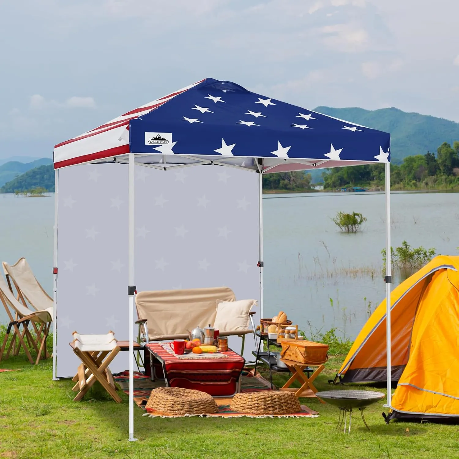 EAGLE PEAK Pop Up Canopy Tent with 1 Sidewall, Easy Setup Event Tent, Outdoor Sun Shade, Wheeled Carry Bag, Stakes and Guy Ropes, Instant Canopy 6.6x6.6, American Flag