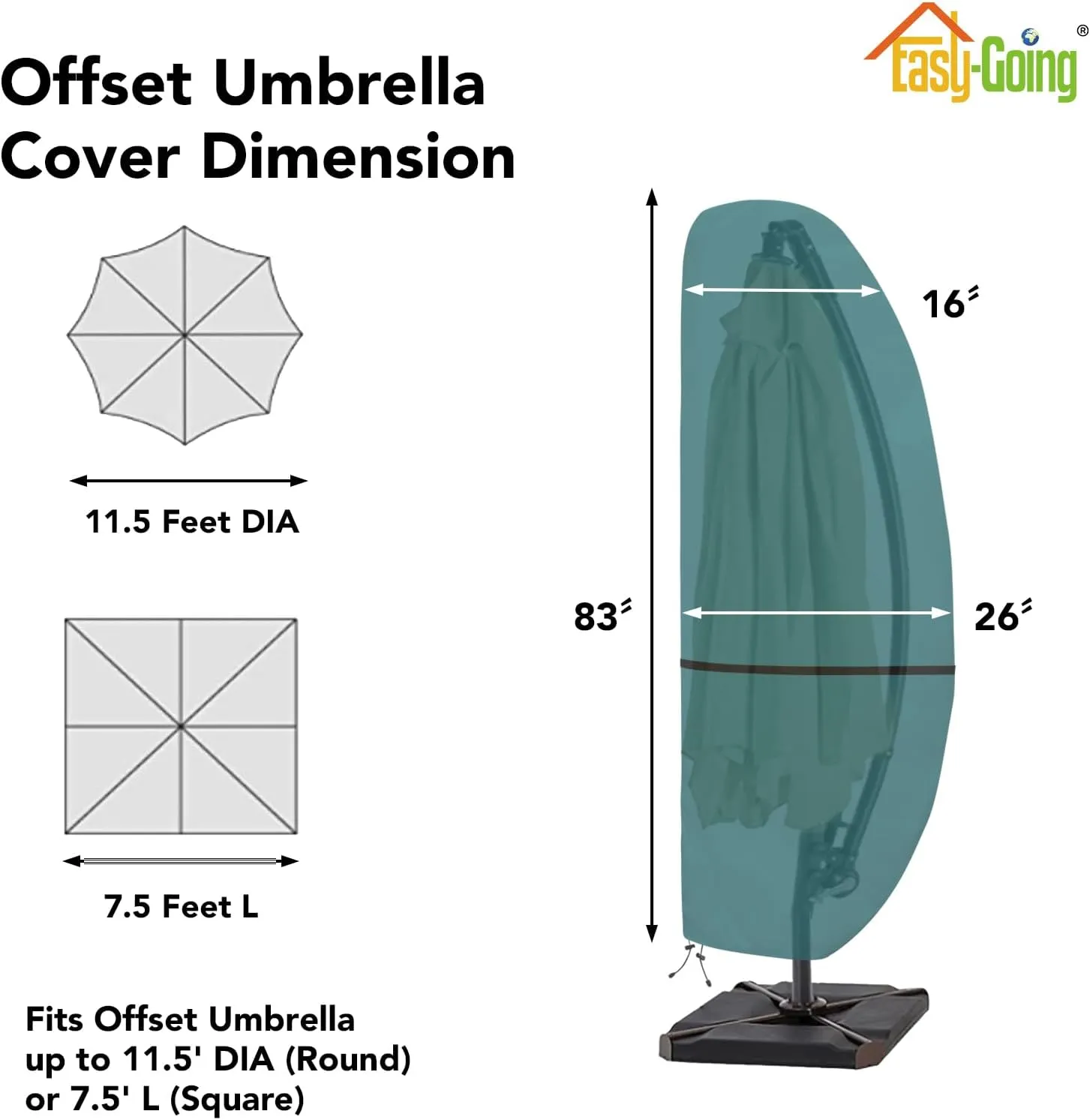 Easy-Going Patio Umbrella Cover Outdoor Offset Umbrella Cover with Zipper and Storage Bag Waterproof Cantilever Parasol Cover for 7.5ft to 11.5ft Banana Frame Umbrella, Teal