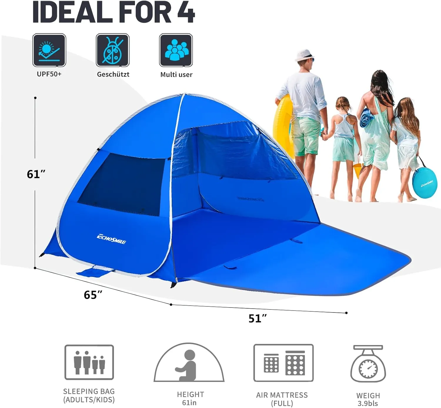 EchoSmile UPF 50  Pop Up Beach Tent Sun Shelter for 4 Person