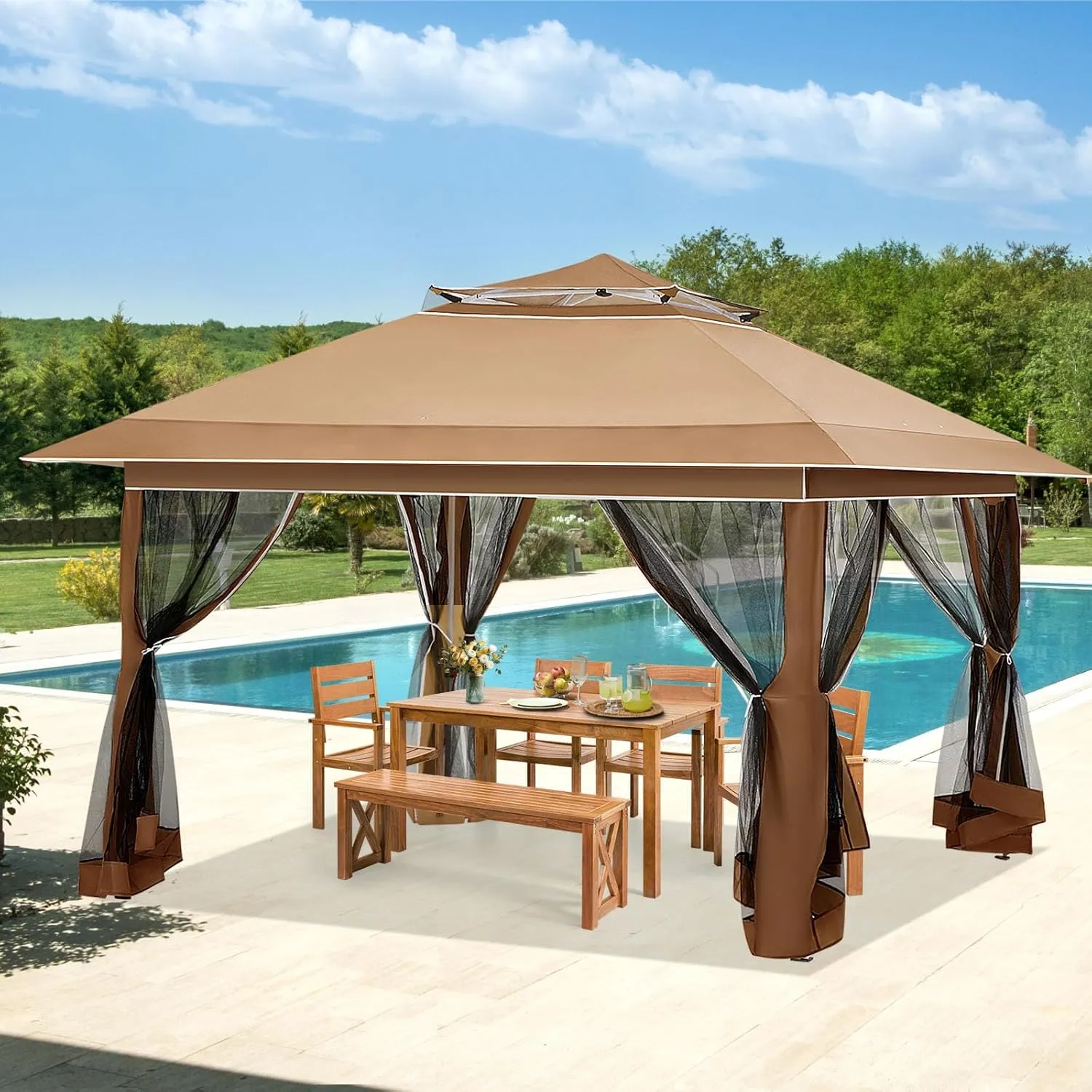 ECOTOUGE Pop Up Gazebo with Double Roofs, 12x12 Canopy Tent Instant Shelter Patio Tent with Mosquito Nettings, Carrying Roller Bag Waterproof and UV Resistant for Garden, Grill and Backyard, Brown