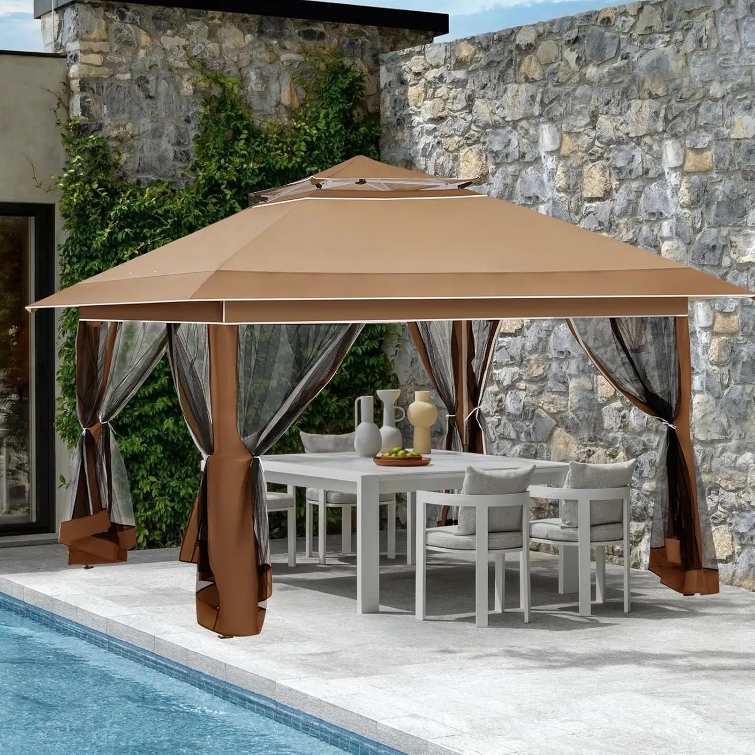 ECOTOUGE Pop Up Gazebo with Double Roofs, 12x12 Canopy Tent Instant Shelter Patio Tent with Mosquito Nettings, Carrying Roller Bag Waterproof and UV Resistant for Garden, Grill and Backyard, Brown