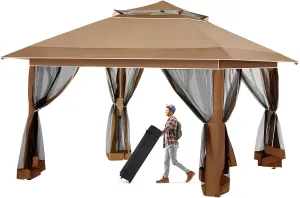 ECOTOUGE Pop Up Gazebo with Double Roofs, 12x12 Canopy Tent Instant Shelter Patio Tent with Mosquito Nettings, Carrying Roller Bag Waterproof and UV Resistant for Garden, Grill and Backyard, Brown