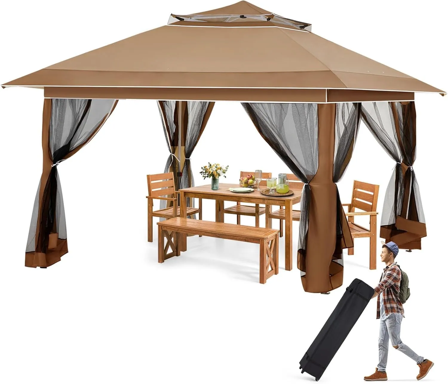 ECOTOUGE Pop Up Gazebo with Double Roofs, 12x12 Canopy Tent Instant Shelter Patio Tent with Mosquito Nettings, Carrying Roller Bag Waterproof and UV Resistant for Garden, Grill and Backyard, Brown
