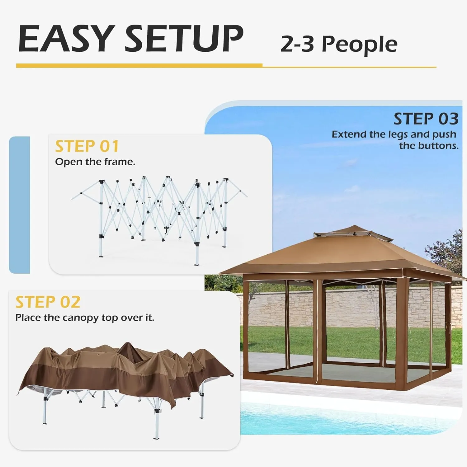 ECOTOUGE Pop Up Gazebo with Double Roofs, 12x12 Canopy Tent Instant Shelter Patio Tent with Mosquito Nettings, Carrying Roller Bag Waterproof and UV Resistant for Garden, Grill and Backyard, Brown