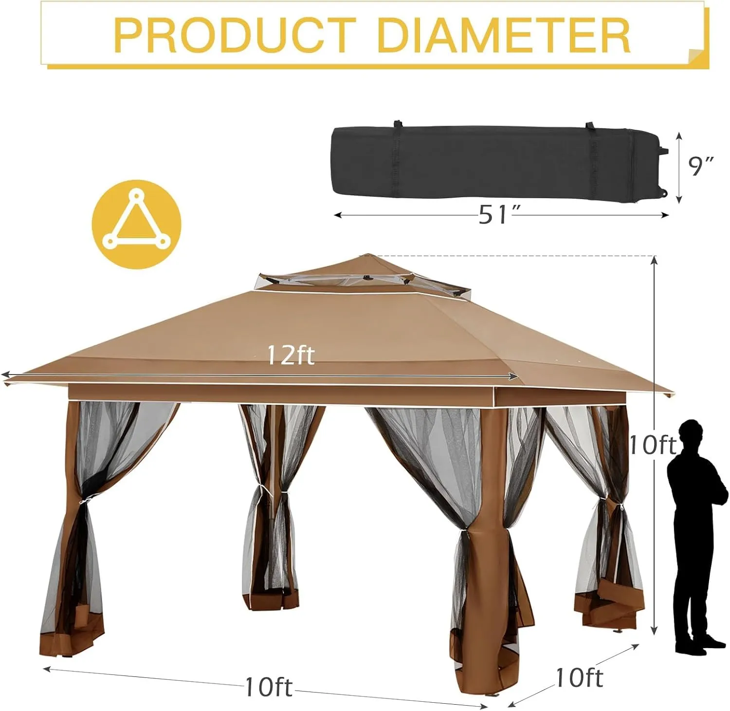 ECOTOUGE Pop Up Gazebo with Double Roofs, 12x12 Canopy Tent Instant Shelter Patio Tent with Mosquito Nettings, Carrying Roller Bag Waterproof and UV Resistant for Garden, Grill and Backyard, Brown