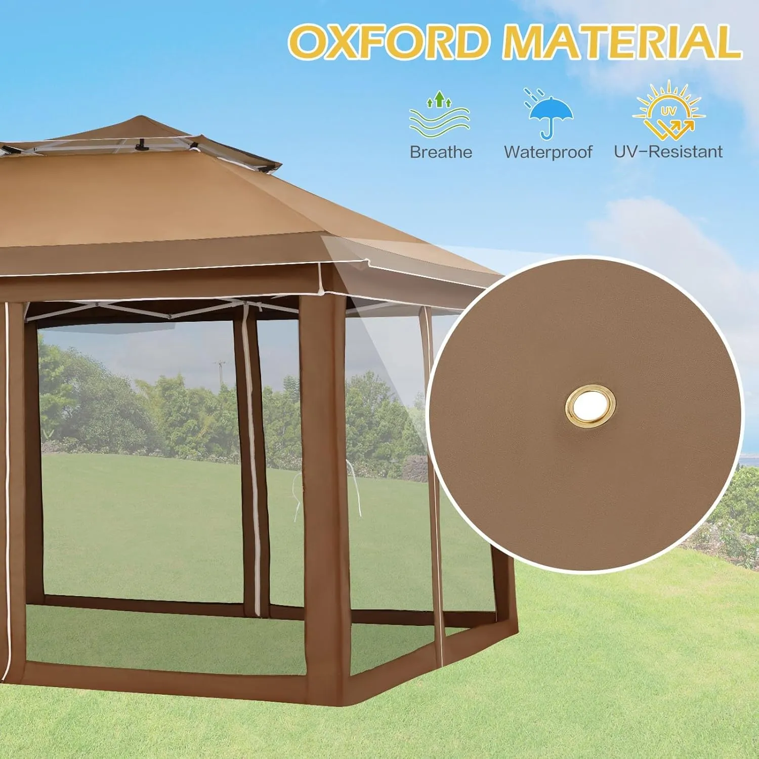 ECOTOUGE Pop Up Gazebo with Double Roofs, 12x12 Canopy Tent Instant Shelter Patio Tent with Mosquito Nettings, Carrying Roller Bag Waterproof and UV Resistant for Garden, Grill and Backyard, Brown
