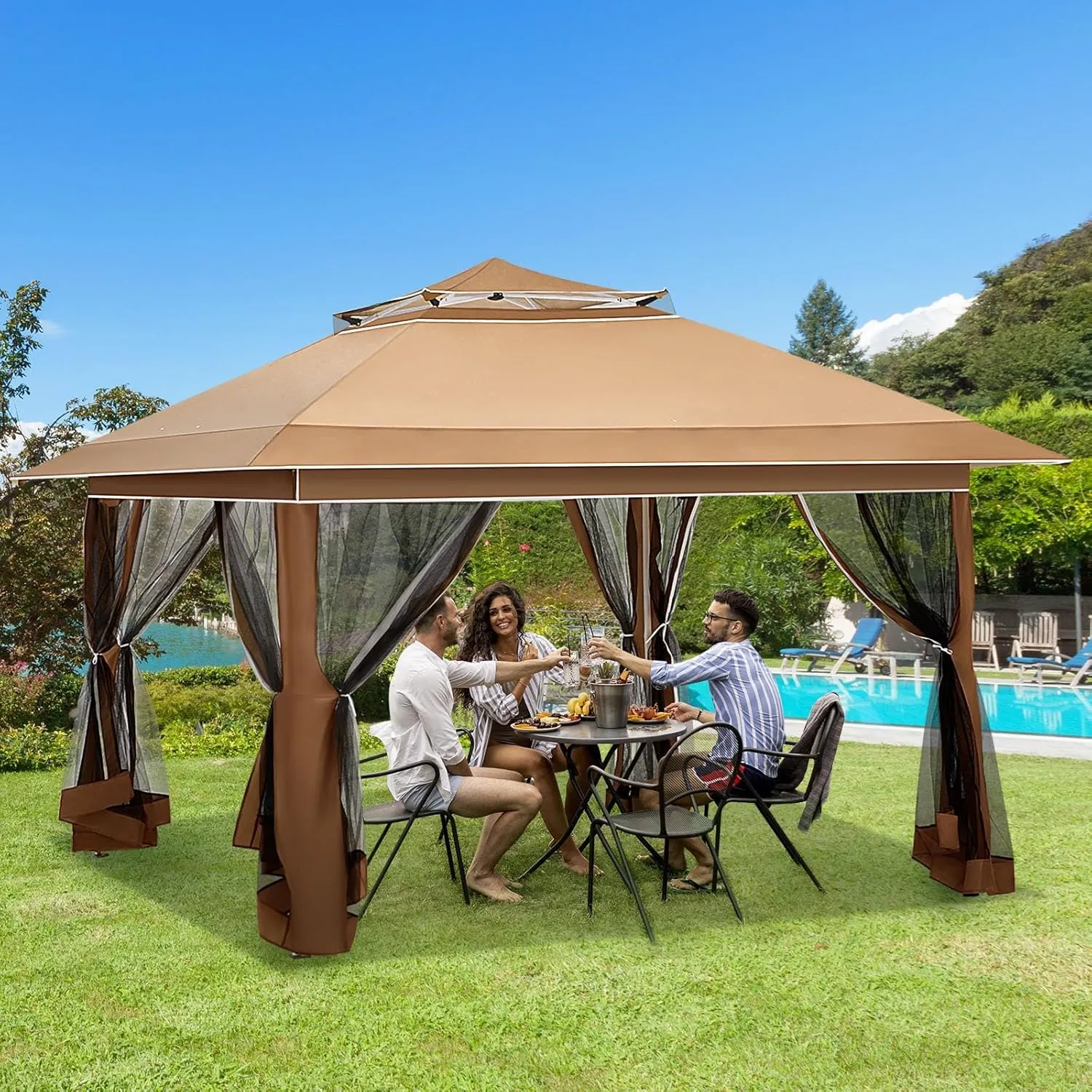 ECOTOUGE Pop Up Gazebo with Double Roofs, 12x12 Canopy Tent Instant Shelter Patio Tent with Mosquito Nettings, Carrying Roller Bag Waterproof and UV Resistant for Garden, Grill and Backyard, Brown
