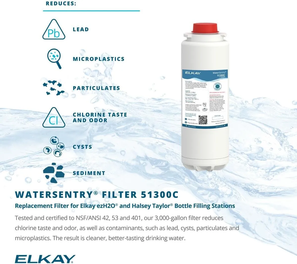Elkay 51300C WaterSentry Lead   Microplastics NSF/ANSI Certified Filter (Bottle Fillers)