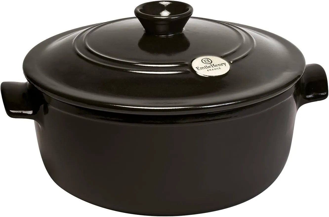 Emile Henry France Flame Round Stewpot Dutch Oven, 4.2 quart, Charcoal