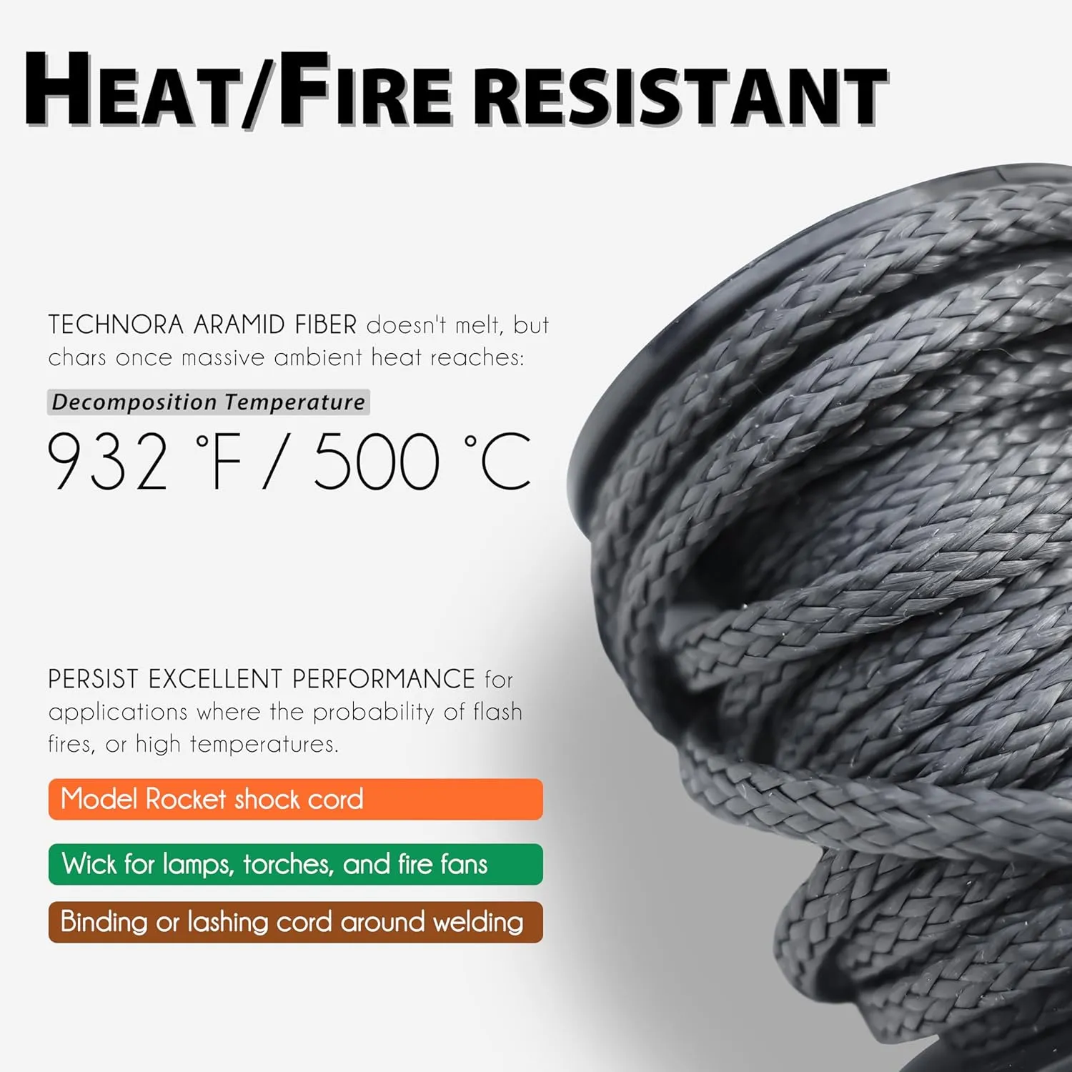 emma kites Black 3.6mm Technora Braided Cord PU Coating Abrasion Flame Resistant, Snare Line Tough Tactical Survival Cord Model Rocket Paracord Assist Cord 2200Lb 30Ft