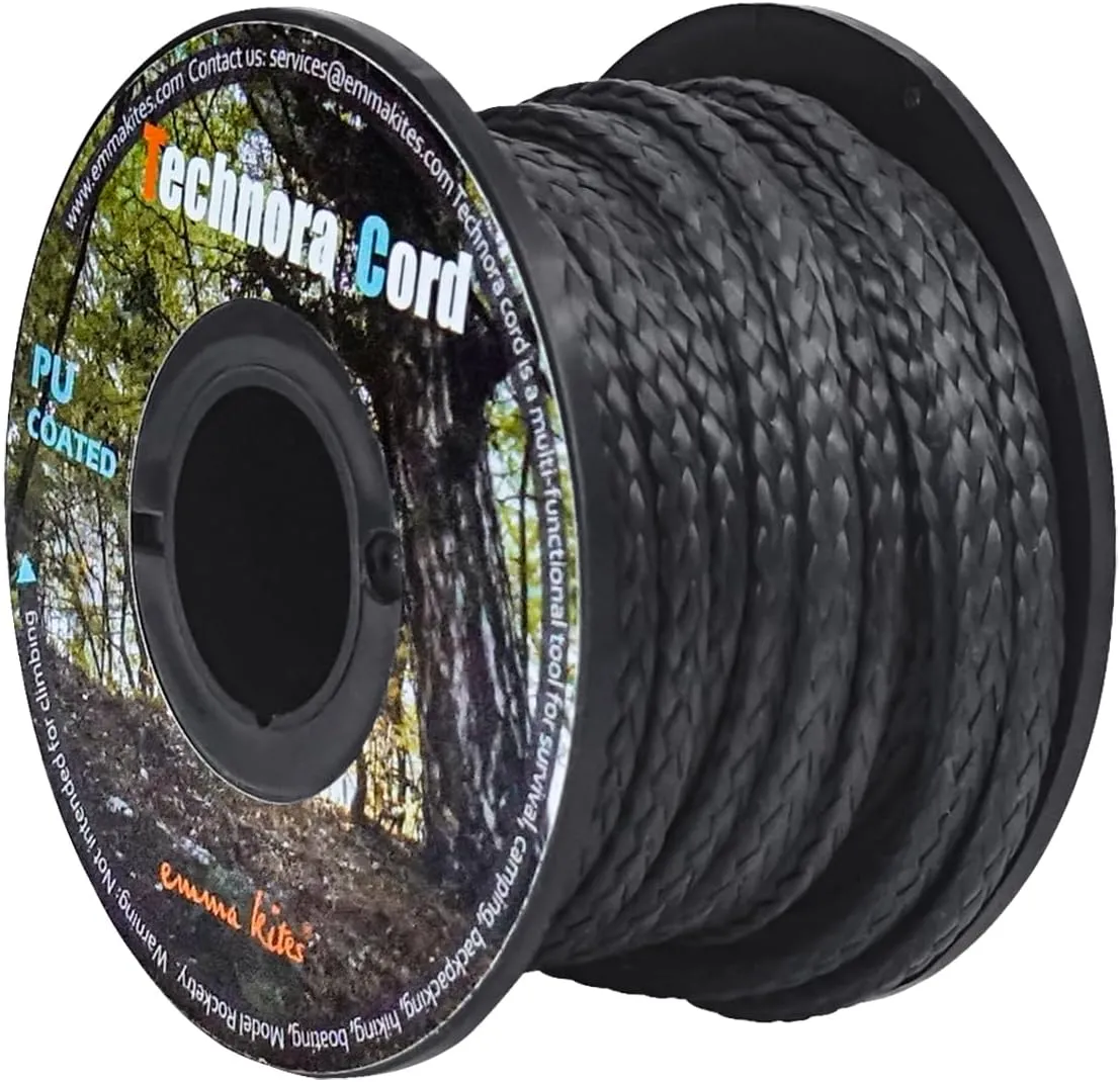 emma kites Black 3.6mm Technora Braided Cord PU Coating Abrasion Flame Resistant, Snare Line Tough Tactical Survival Cord Model Rocket Paracord Assist Cord 2200Lb 30Ft