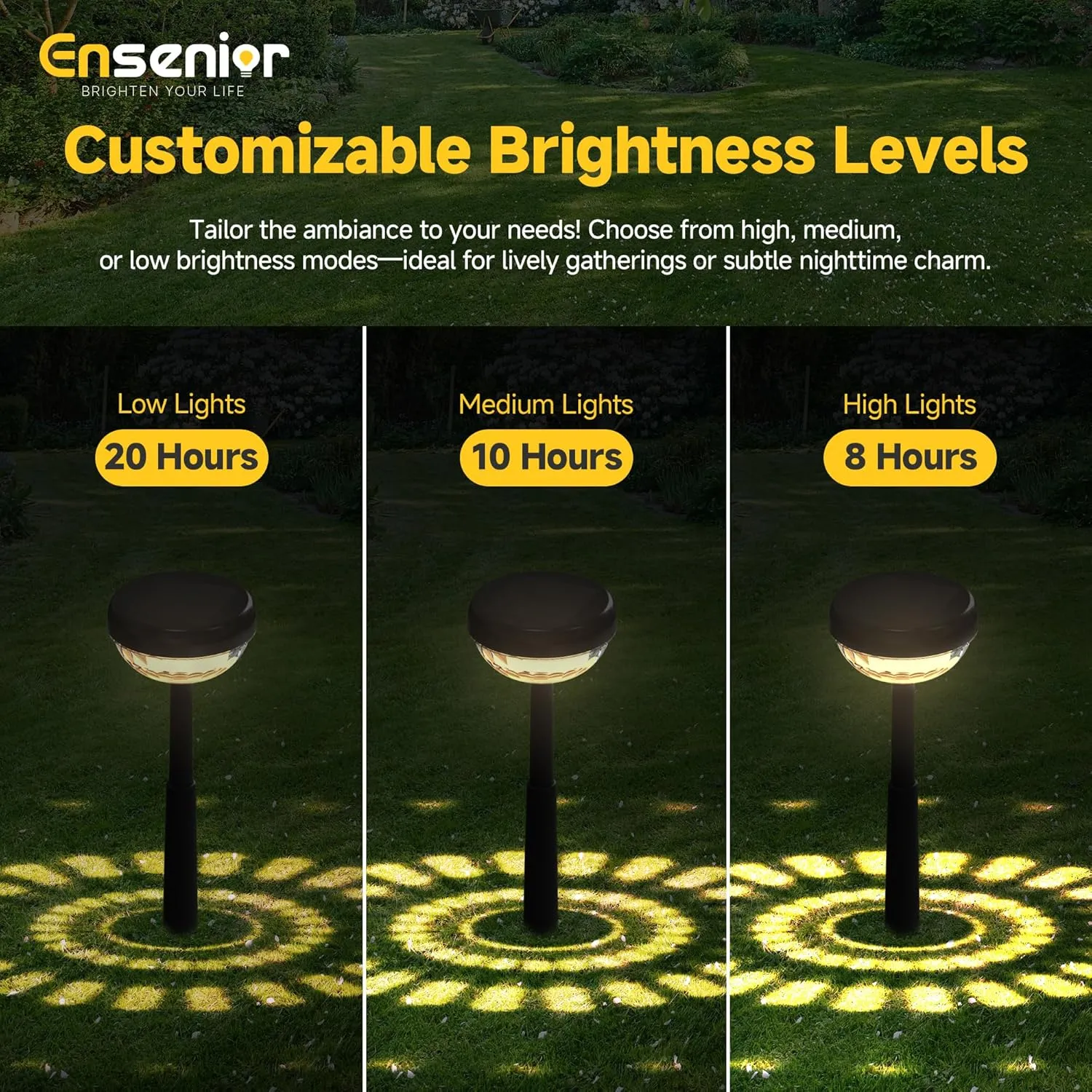 Ensenior 10-Pack Solar Lights Outdoor, Auto ON/Off 3000K LED Solar Garden Lights for Pathway, Yard, Patio, Walkway, Flower Bed, Waterproof, Energy-Efficient Landscape Lighting, Adjustable Height