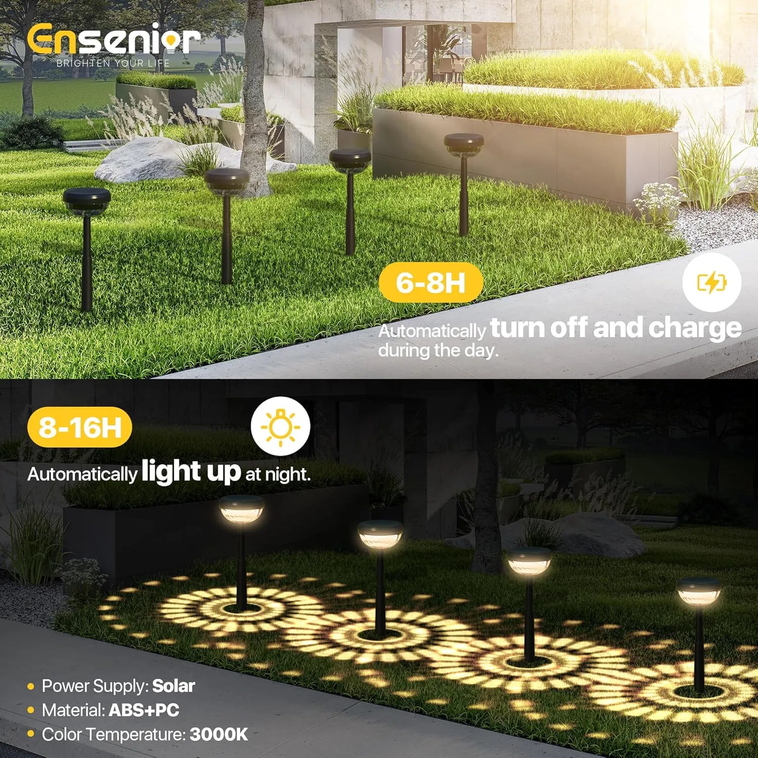 Ensenior 10-Pack Solar Lights Outdoor, Auto ON/Off 3000K LED Solar Garden Lights for Pathway, Yard, Patio, Walkway, Flower Bed, Waterproof, Energy-Efficient Landscape Lighting, Adjustable Height