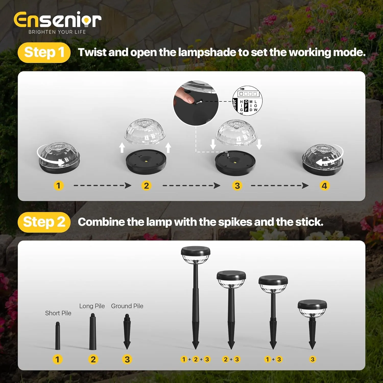 Ensenior 10-Pack Solar Lights Outdoor, Auto ON/Off 3000K LED Solar Garden Lights for Pathway, Yard, Patio, Walkway, Flower Bed, Waterproof, Energy-Efficient Landscape Lighting, Adjustable Height