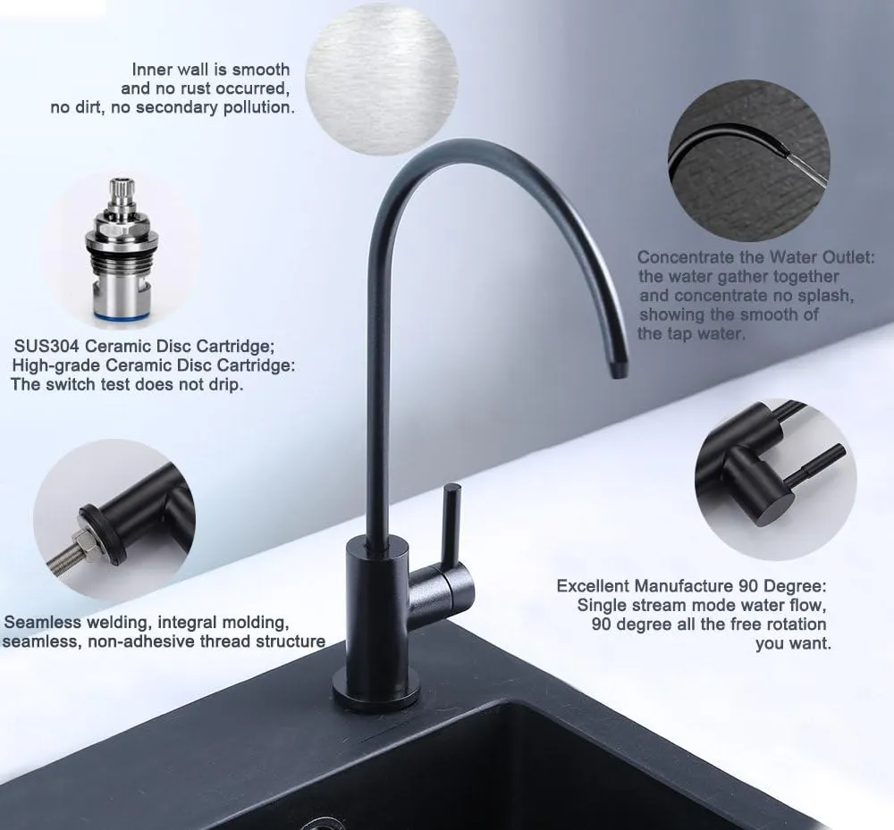 ESOW Kitchen Water Filter Faucet, 100% Lead-Free Drinking Water Faucet Fits Most Reverse Osmosis Units or Water Filtration System in Non-Air Gap, Stainless Steel 304 Body Matte Black Finish