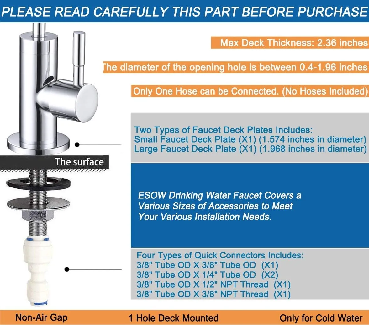 ESOW Kitchen Water Filter Faucet, 100% Lead-Free Drinking Water Faucet Fits Most Reverse Osmosis Units or Water Filtration System in Non-Air Gap, Stainless Steel 304 Body Polished Chrome Finish
