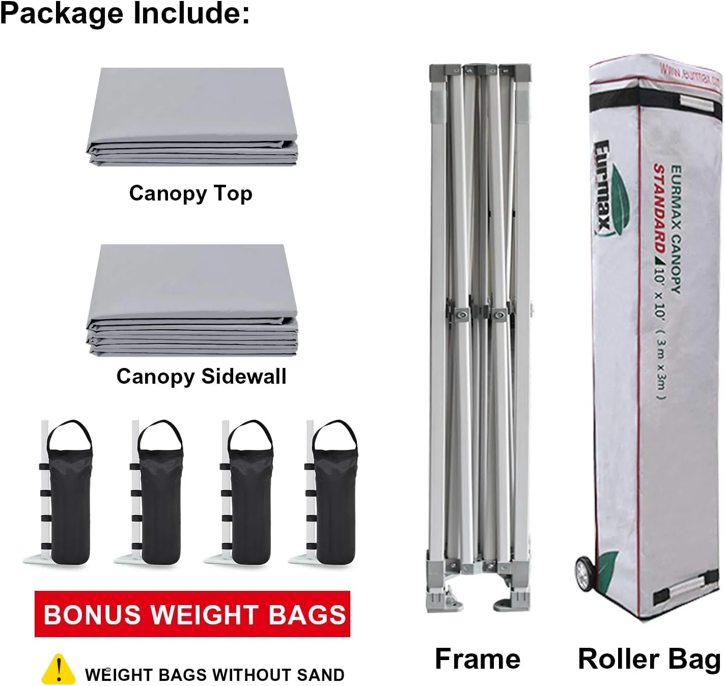 Eurmax USA 10'x10' Pop-up Canopy Tent Commercial Instant Canopies with 4 Removable Zipper End Side Walls and Roller Bag, Bonus 4 SandBags(Gray)