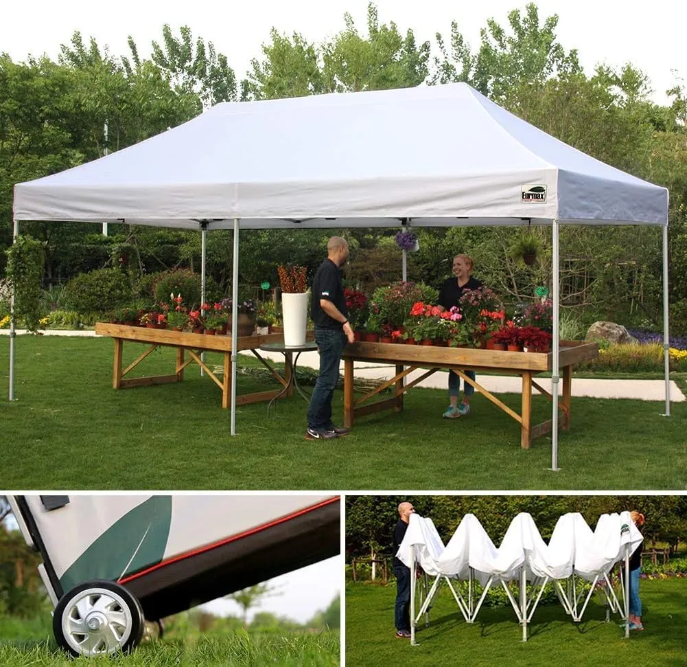 Eurmax USA Premium 10'x20' Pop-up Canopy Tent Commercial Instant Canopies Shelter with Heavy Duty Wheeled Carry Bag Bonus 4 Sand Bags(Grey)
