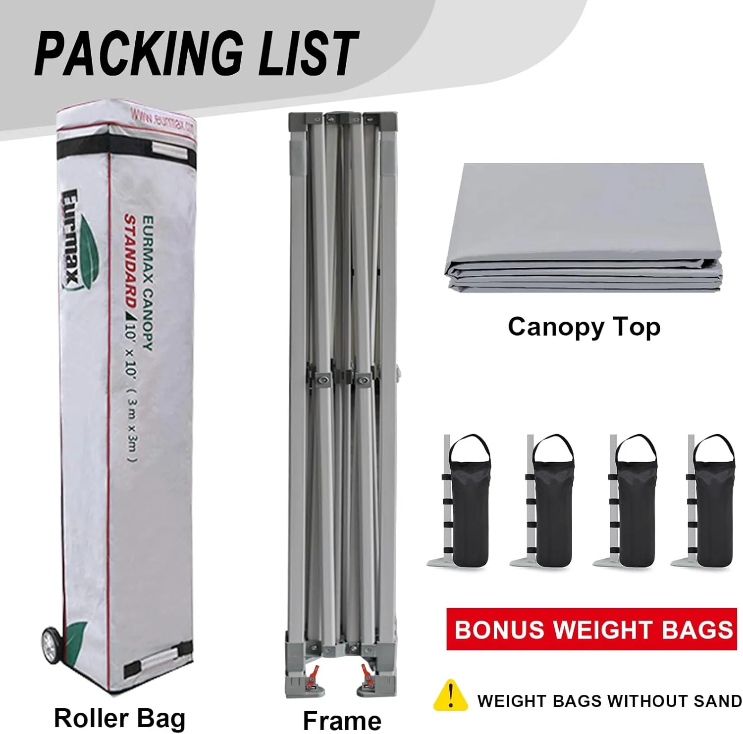 Eurmax USA Standard 10x10ft Patio Pop Up Canopy Tent for Outdoor Events Commercial Instant Canopies with Heavy Duty Roller Bag,Bonus 4 Canopy Sand Bags (Grey)