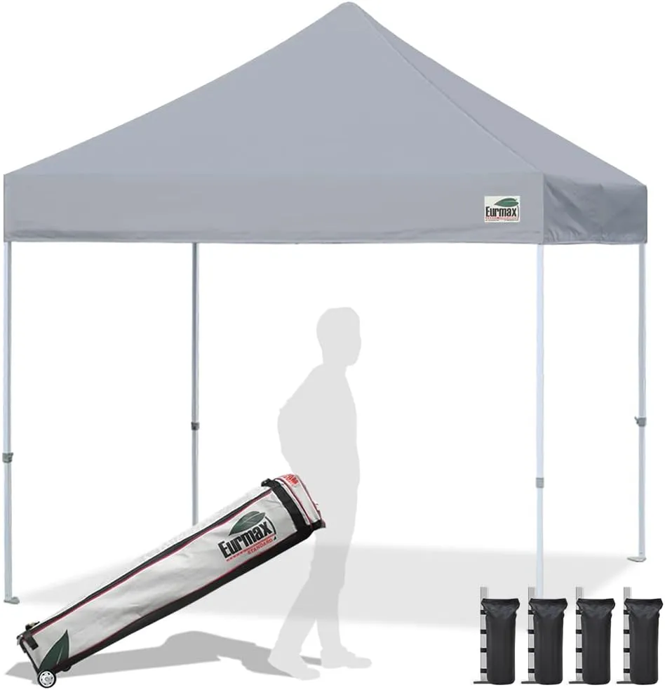 Eurmax USA Standard 10x10ft Patio Pop Up Canopy Tent for Outdoor Events Commercial Instant Canopies with Heavy Duty Roller Bag,Bonus 4 Canopy Sand Bags (Grey)