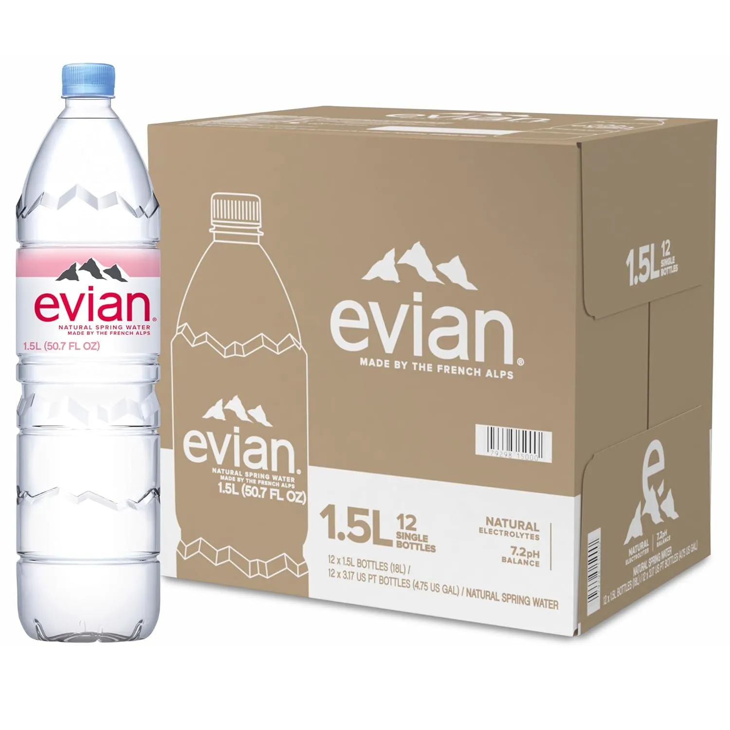Evian Natural Spring Water, 1.5 L bottle (Pack of 12)