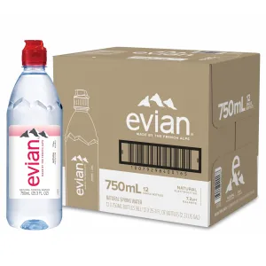 evian Natural Spring Water, 750 ml (25.36 fluid ounce) Water Bottle with Sports Cap, 12 Pack