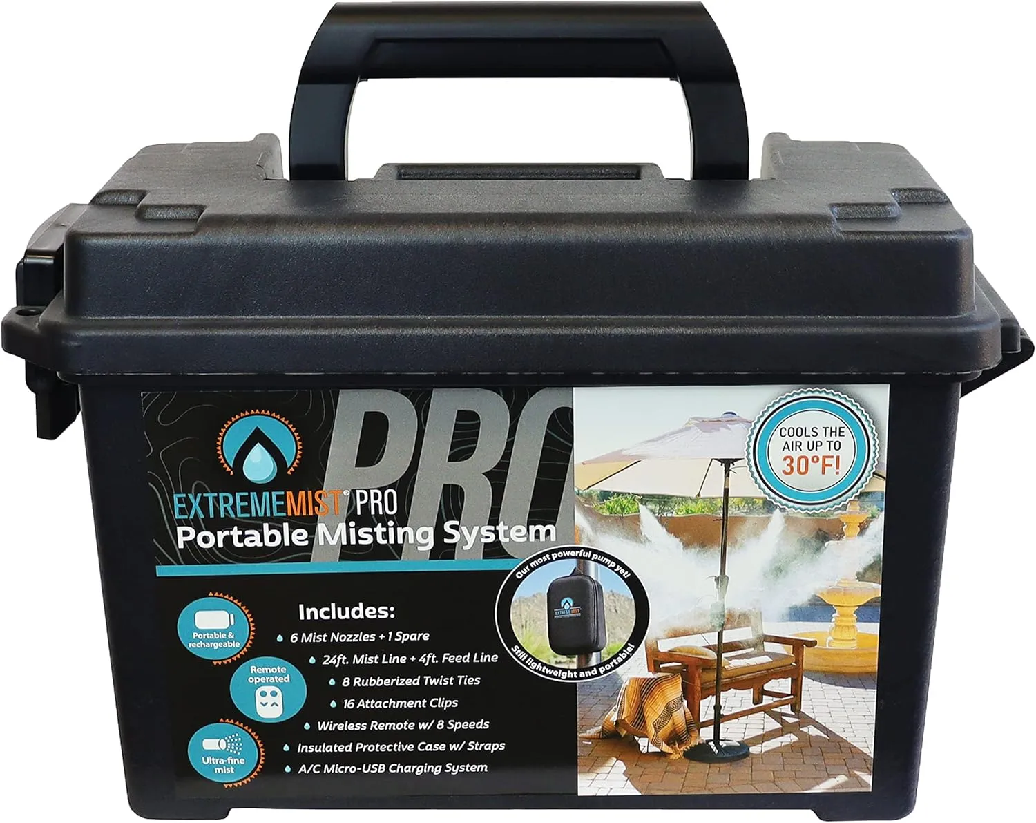 Extreme MIST Portable Misting System Pro Kit - 6 Mist Nozzles & Pro Pump | Easy to Setup | 24 ft. Mist Line for Outdoor Patios, Golf Carts, Greenhouses, Canopy, Decks & More - Cools the air up to 30°F