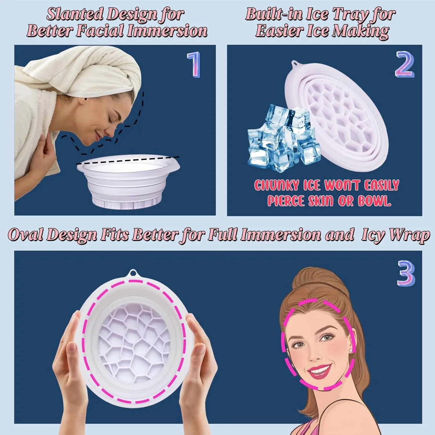 Face Bowl for Ice Kit, Silicone Face Plunge Bowl with Built-In Icetray, Portable Ice Facial Folding Washbasin Bowl for Face Ice Bath with Thermometer Headband, Pick Your Chill and Dunk (Purple)