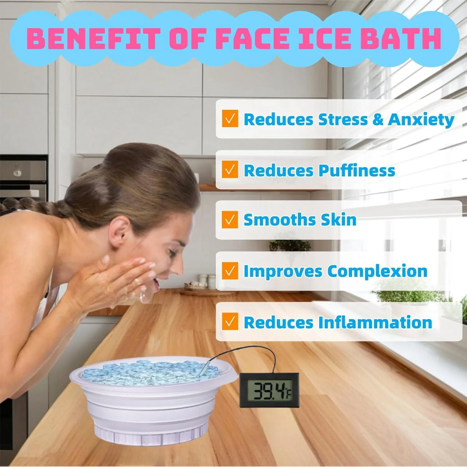 Face Bowl for Ice Kit, Silicone Face Plunge Bowl with Built-In Icetray, Portable Ice Facial Folding Washbasin Bowl for Face Ice Bath with Thermometer Headband, Pick Your Chill and Dunk (Purple)