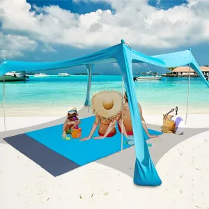 Family Beach Tent with 4 Aluminum Poles, 10x10 FT, with A Floor Mat, UPF50  Portable Sun Shelter with Reinforced Corners, Outdoor Sunshade for Beach, Camping Trips, Backyard Fun or Fishing