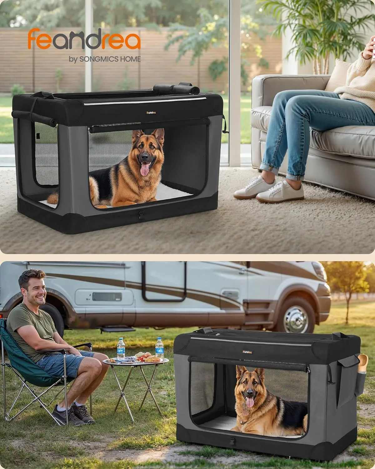 Feandrea Collapsible Dog Crate, 42-Inch Portable Dog Travel Crate for Extra Large Dogs, Oxford Fabric Pet Carrier with 4 Mesh Doors, Handles, Storage Pocket, Water Bottle Holder, Ink Black UPDC021B01