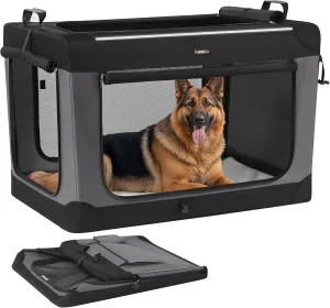 Feandrea Collapsible Dog Crate, 42-Inch Portable Dog Travel Crate for Extra Large Dogs, Oxford Fabric Pet Carrier with 4 Mesh Doors, Handles, Storage Pocket, Water Bottle Holder, Ink Black UPDC021B01