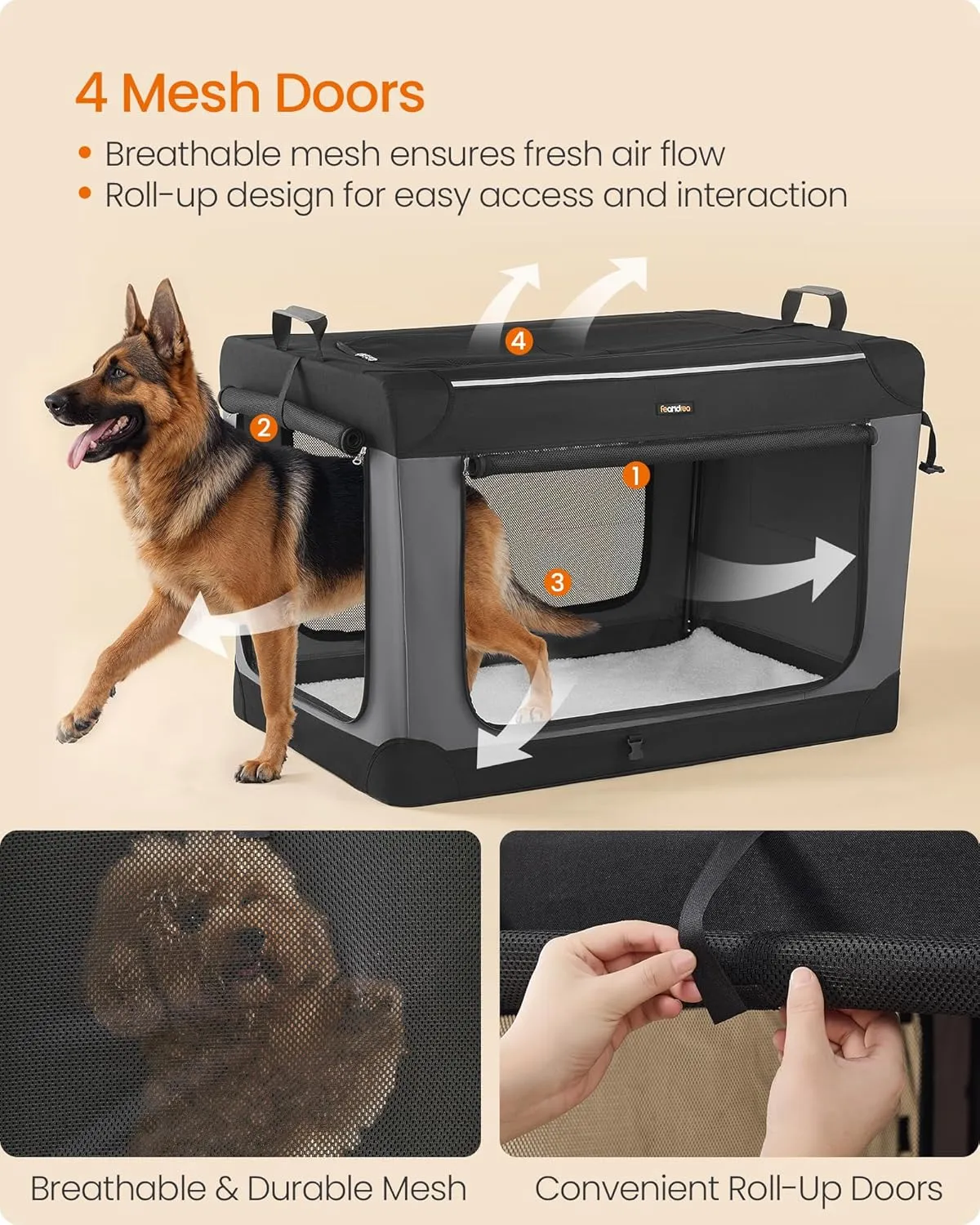 Feandrea Collapsible Dog Crate, 42-Inch Portable Dog Travel Crate for Extra Large Dogs, Oxford Fabric Pet Carrier with 4 Mesh Doors, Handles, Storage Pocket, Water Bottle Holder, Ink Black UPDC021B01