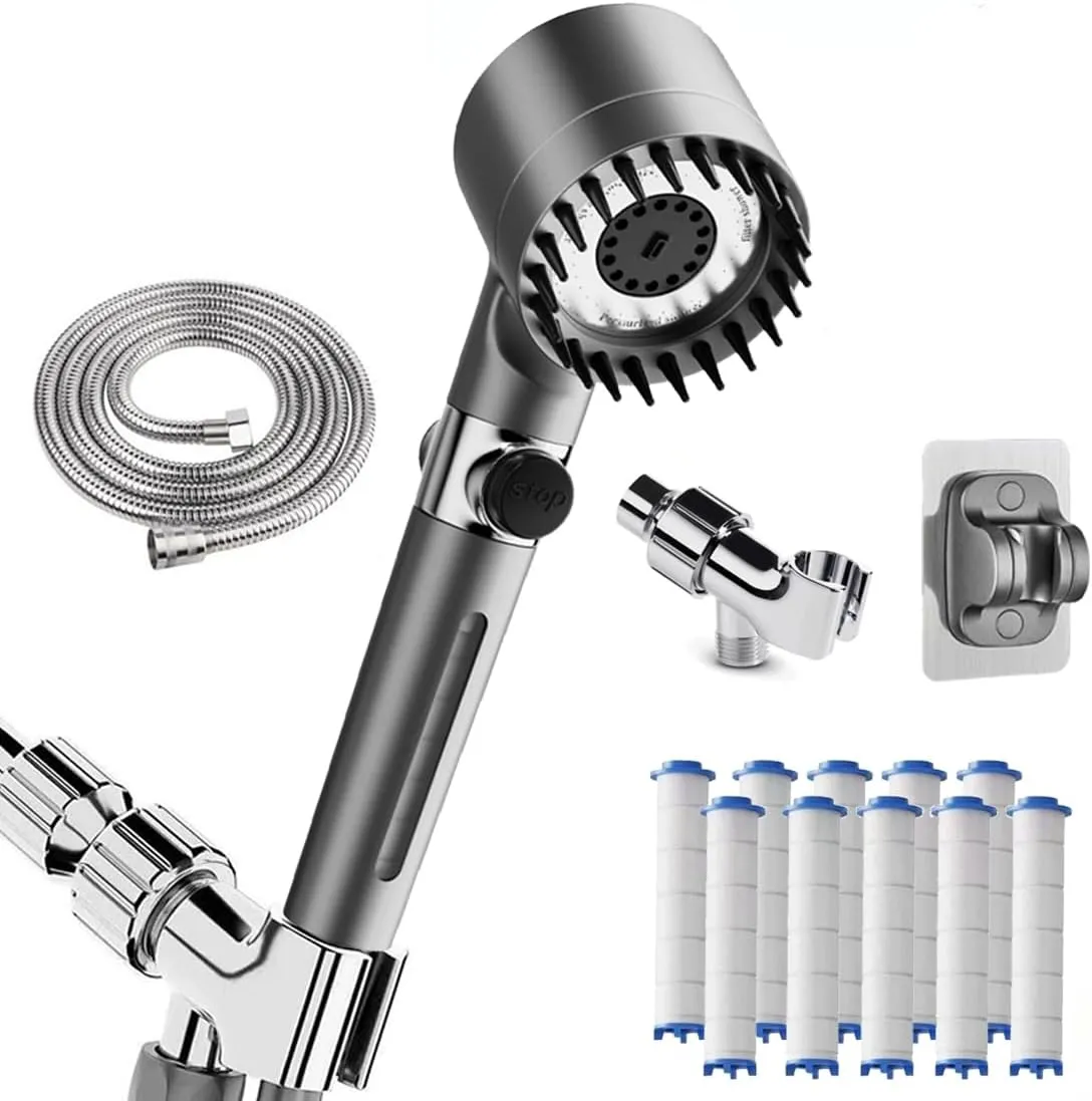 Filtered Shower Head with Handheld & High Pressure - Ion Drops Shower Head with 75" Stainless Hose for Hard Water | 3 Spray Modes Shower with 10 Replaceable Filters