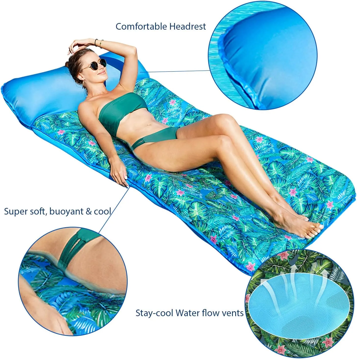 FindUWill Oversized Pool Float Lounge, 72" X 37" Extra Large Fabric-Covered Pool Floats for Adults, Inflatable Contour Lounger with Headrest Ultra-Comfort Cooling Pool Raft (XL, Monstera)