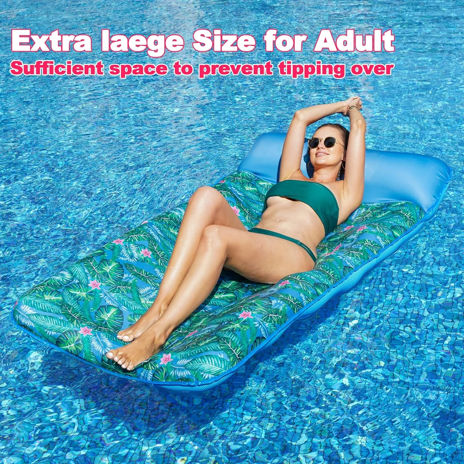FindUWill Oversized Pool Float Lounge, 72" X 37" Extra Large Fabric-Covered Pool Floats for Adults, Inflatable Contour Lounger with Headrest Ultra-Comfort Cooling Pool Raft (XL, Monstera)