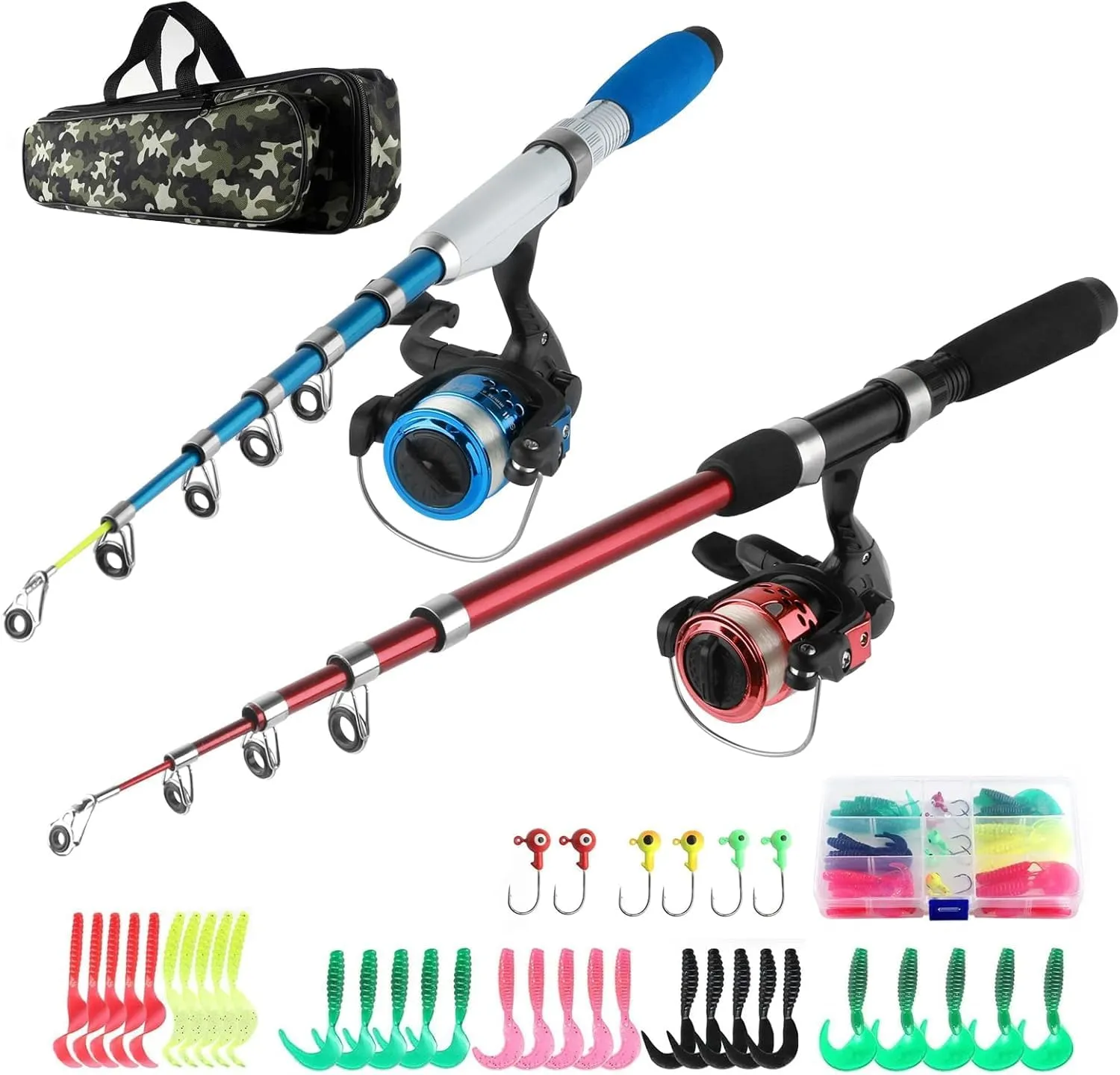 Fishing Rod Reel Combos Collapsible Fishing Rod Kit, 2PCS Telescopic Fishing Pole 2PCS Spinning Reels Lures Hooks Tackle Bag Fishing Accessories Full Combo for Kids Youth